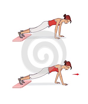 Young woman sprains an exercise walking on her hands on the floor using towels. Isolated on white background