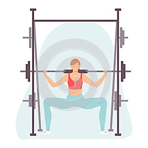 Young woman squats with a barbell. Plie squat. Healthy lifestyle. Vector illustration in hand drawn flat style