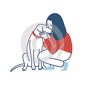 Young woman squatted down, hugs and kisses her dog. Funny girl embracing her domestic animal. Happy female cartoon