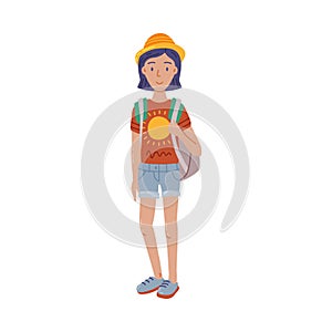 Young Woman Standing with Backpack Summer Outdoor Activity, Travel, Camping, Backpacking Trip Cartoon Style Vector