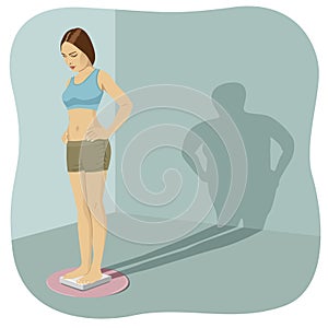 Young woman standing on bathroom scale with her shadow shows her distorted body image