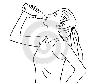 Young woman standing and drinking water from bottle. line Drawing illustration