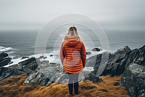 A young woman is standing on the edge of a cliff and looking at the ocean, Woman alone looking at foggy sea traveling adventure