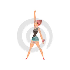 Young woman standing with her fist raised up, symbol of feminism, fighting, freedom, protest concept, female power and