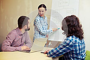 Young woman standing near flipchart and explaining