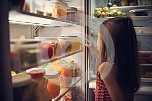 A young woman standing near an open fridge full of healthy food, vegetables, and fruits. A young girl full rear view looking at