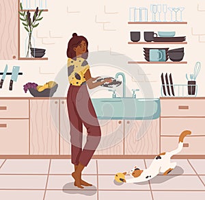 Young woman standing near sink and washing dishes in home kitchen. Daily housework, household chores, domestic lifestyle