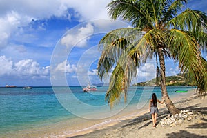 Young woman standing by the palm tree at the beach, Hillsborough Bay, Carriacou Island, Grenada