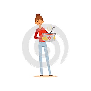 Young woman standing with a pot of soup, housewife girl cooking food in the kitchen flat vector Illustration