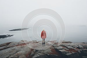 Young woman standing on the rock and looking at the sea in the fog, Woman alone looking at foggy sea traveling adventure lifestyle