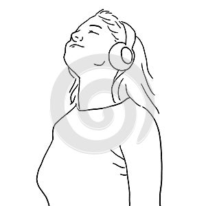 Young woman standing and smiling with eyes closed listen to the music or podcast from headphones. line Drawing illustration