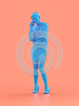 A young woman standing talking on cell phone., blue color monochrome person model, single color person, 3d Rendering