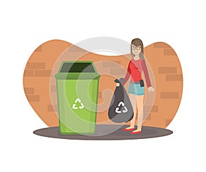 Young Woman Standing with Trash Bag Near Garbage Container, Girl Throwing Garbage into Trash Bin Vector Illustration