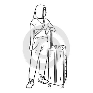 Young woman standing with a travel bag vector illustration sketch doodle hand drawn isolated on white background