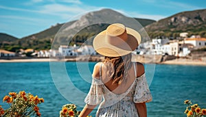 Young woman standing by the water, enjoying the serene sunset generated by AI