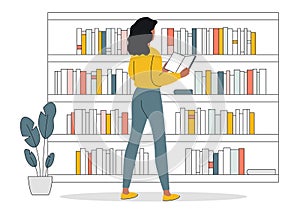 A young woman stands in front of a stack of books. Vector flat concept of library, learning, exam preparation. The girl is holding