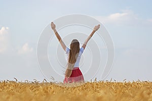 Young woman stands in wheat field and raised her hands up. Beautiful long hair. Rear view