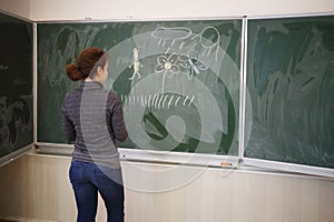 Young woman stands near blackboard with pictures photo