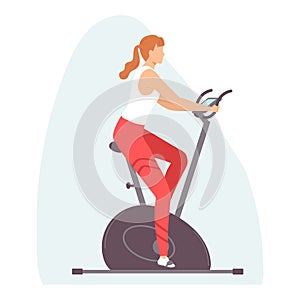 Young woman on stationary bike. Cardio fitness trainer. Healthy lifestyle. Vector illustration in hand drawn flat style