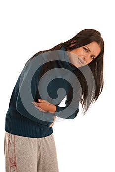 Young woman with stomach ache suffering isolated over white back