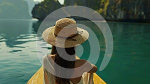 young woman in straw hat looking forward to her lagoon adventure