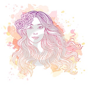 Young woman with streaming long hair on abstract watercolor spots background, hand drawn linen vector illustration