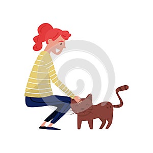 Young woman stroking brown cat vector Illustration on a white background