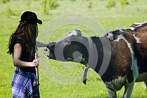 Young woman stroking a cow