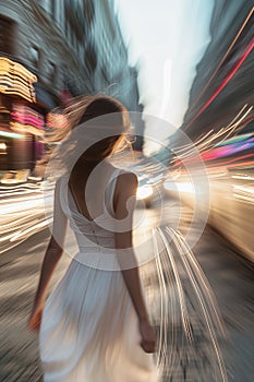 A young woman strolls through the bustling city street. Traffic light spots.