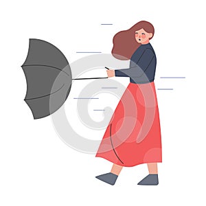 Young Woman Struggling Against Wind Holding Umbrella in Rainy Autumn Day Vector Illustration