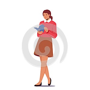 Young Woman Student Reading Book Prepare to Exam or Make Homework. Girl Character Reading, Learning, Education