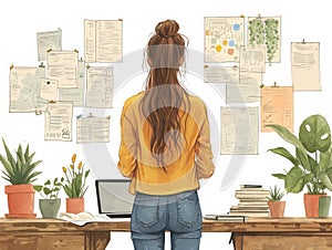 Young woman studying at home. Back view of female student sitting at desk with laptop, books and plants. Back view of girl in