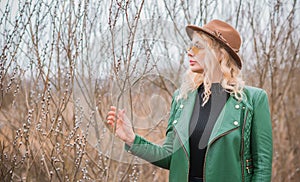 Young woman stylish dressing in eco leather jacket