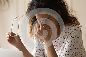 Young woman suffer of vision problem dizzy bad sight