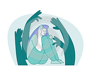 Young Woman Suffering from Fear Sitting with Arms Reaching to Her Vector Illustration