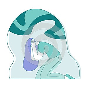 Young Woman Suffering from Mental Disorder Bend Covering Ears Vector Illustration