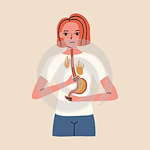 A young woman suffers from heartburn. Symptom of problems with the gastrointestinal tract. Medical flat vector illustration