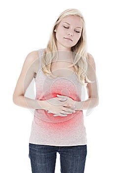 Young woman suffers from stomachache
