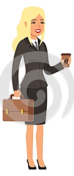 Young woman in suit with briefcase and coffee. Businesswoman going to work meeting