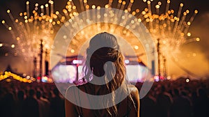 Young woman at a summer music festival. Joyful fun. Stage performance with lights and crowd.