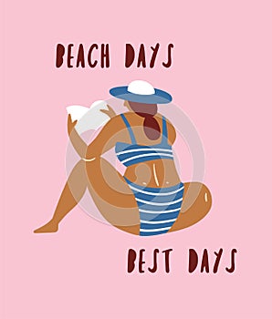 Young woman sunbathing on the beach and reading a book. Vector summer  illustration with text