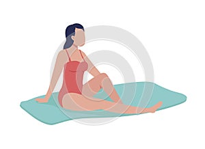 Young woman sunbathing on beach semi flat color vector character