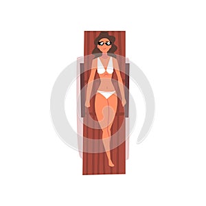 Young Woman Sunbathing on Beach Towel, Top View of Lying Beautiful Girl in White Bikini and Sunglasses Vector