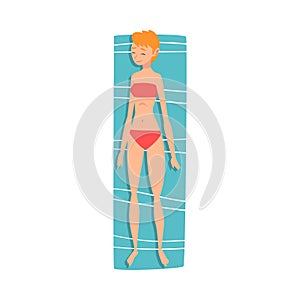 Young Woman Sunbathing on Beach Towel, Top View of Lying Girl in Red Bikini Vector Illustration