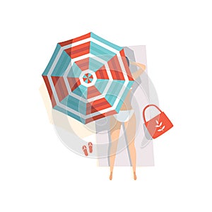 Young woman sunbathing on the beach under umbrella, top view vector Illustration on a white background
