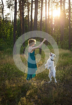 Young woman in a sundress and her white dog training in the forest