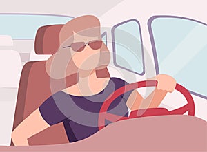 Young Woman in Sunglasses Driving a Car, View from the Inside, Female Driver Character Holding Hands on a Steering Wheel