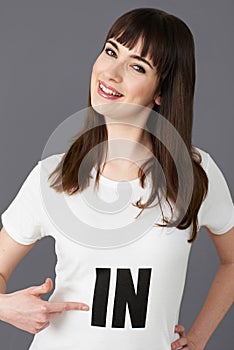 Young Woman Supporter Wearing T Shirt Printed With IN