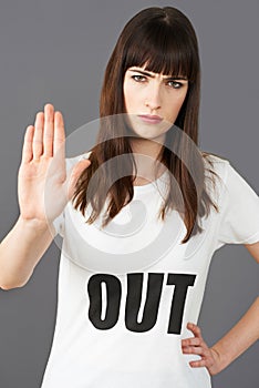 Young Woman Supporter Wearing T Shirt Printed With OUT Slogan