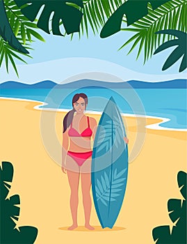 Young woman surfer with surfboard standing on the beach. Smiling surfer girl. Vector illustration